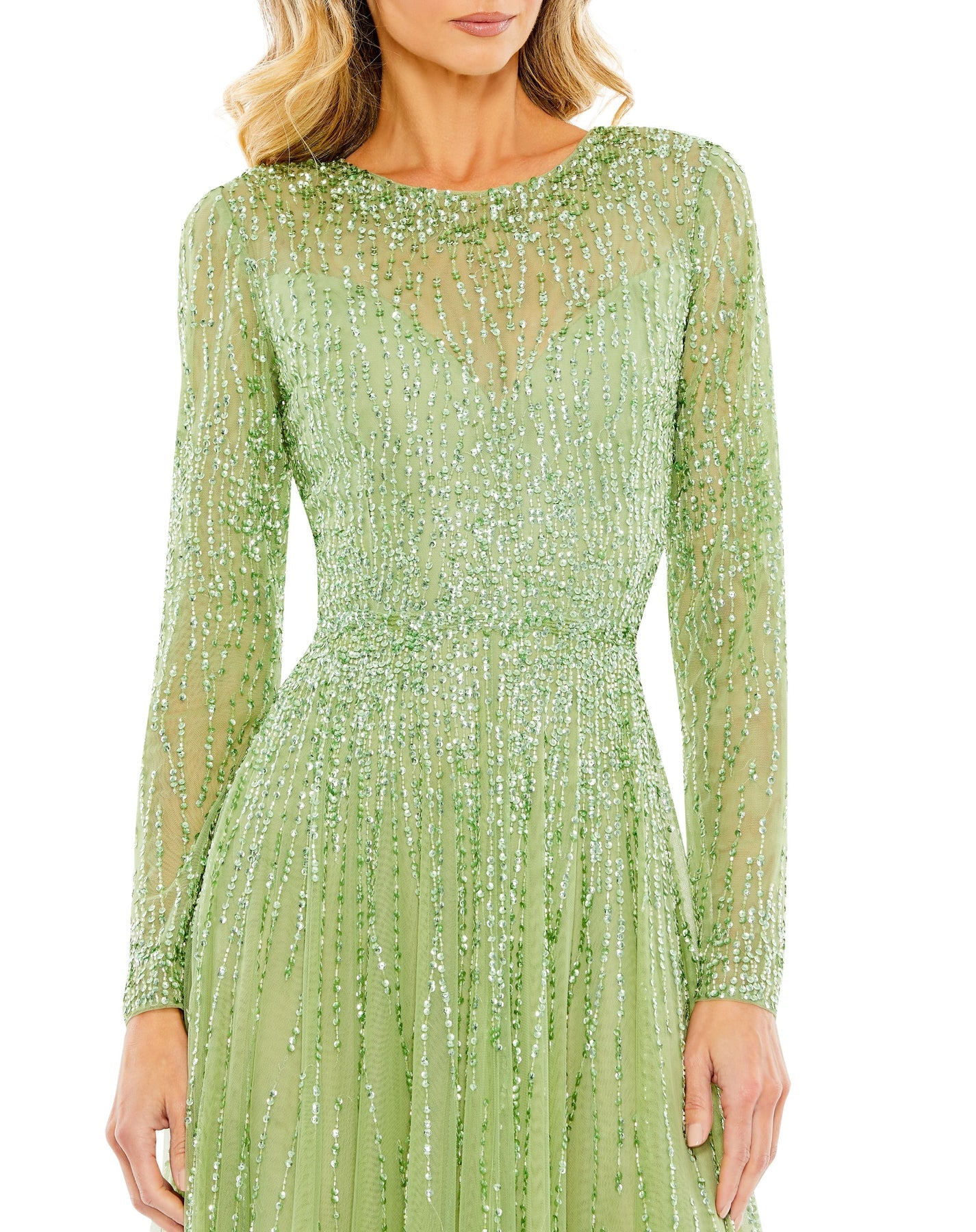 Sequined Illusion High Neck Long Sleeve Gown