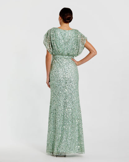 Draped Sleeve V Neck Gown