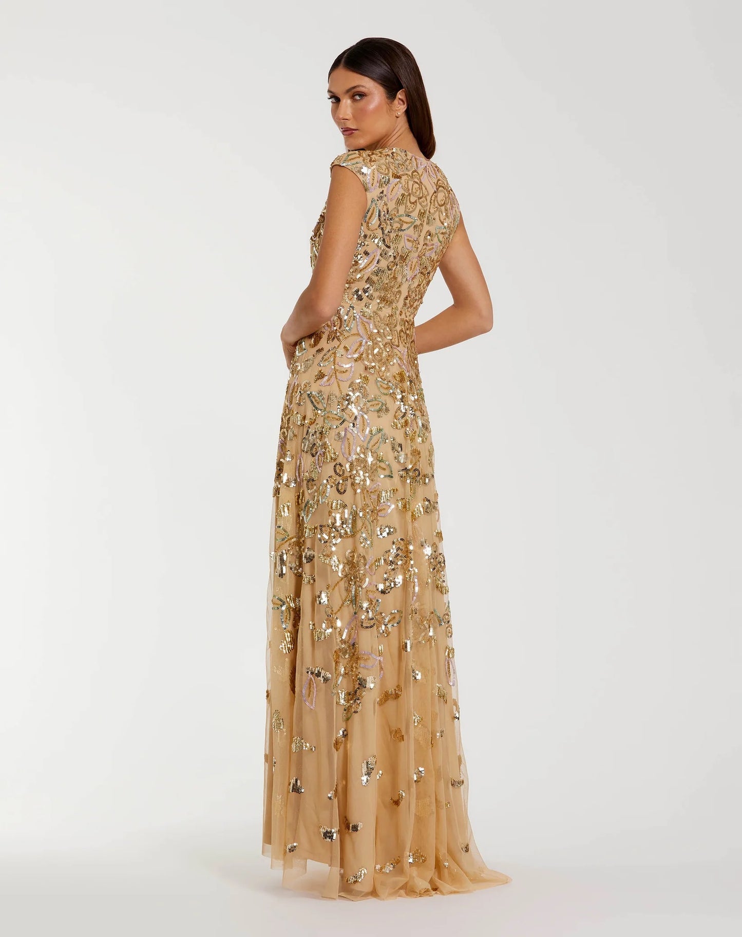 Blue Sequined High Neck Cap Sleeve A Line Gown