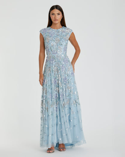 Blue Sequined High Neck Cap Sleeve A Line Gown
