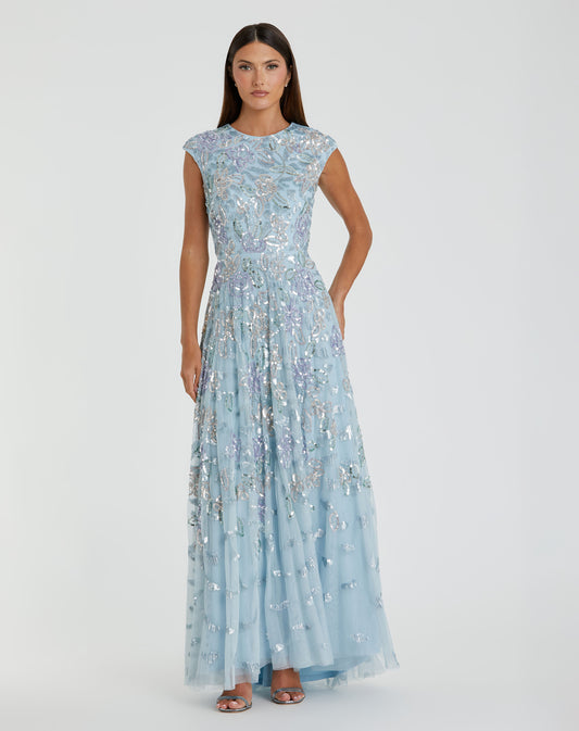 Blue Sequined High Neck Cap Sleeve A Line Gown