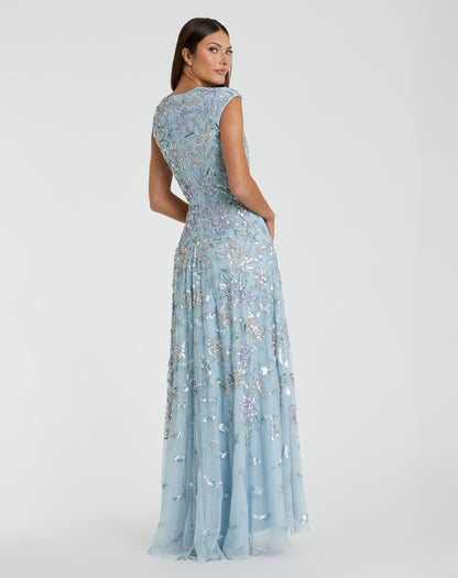 Blue Sequined High Neck Cap Sleeve A Line Gown