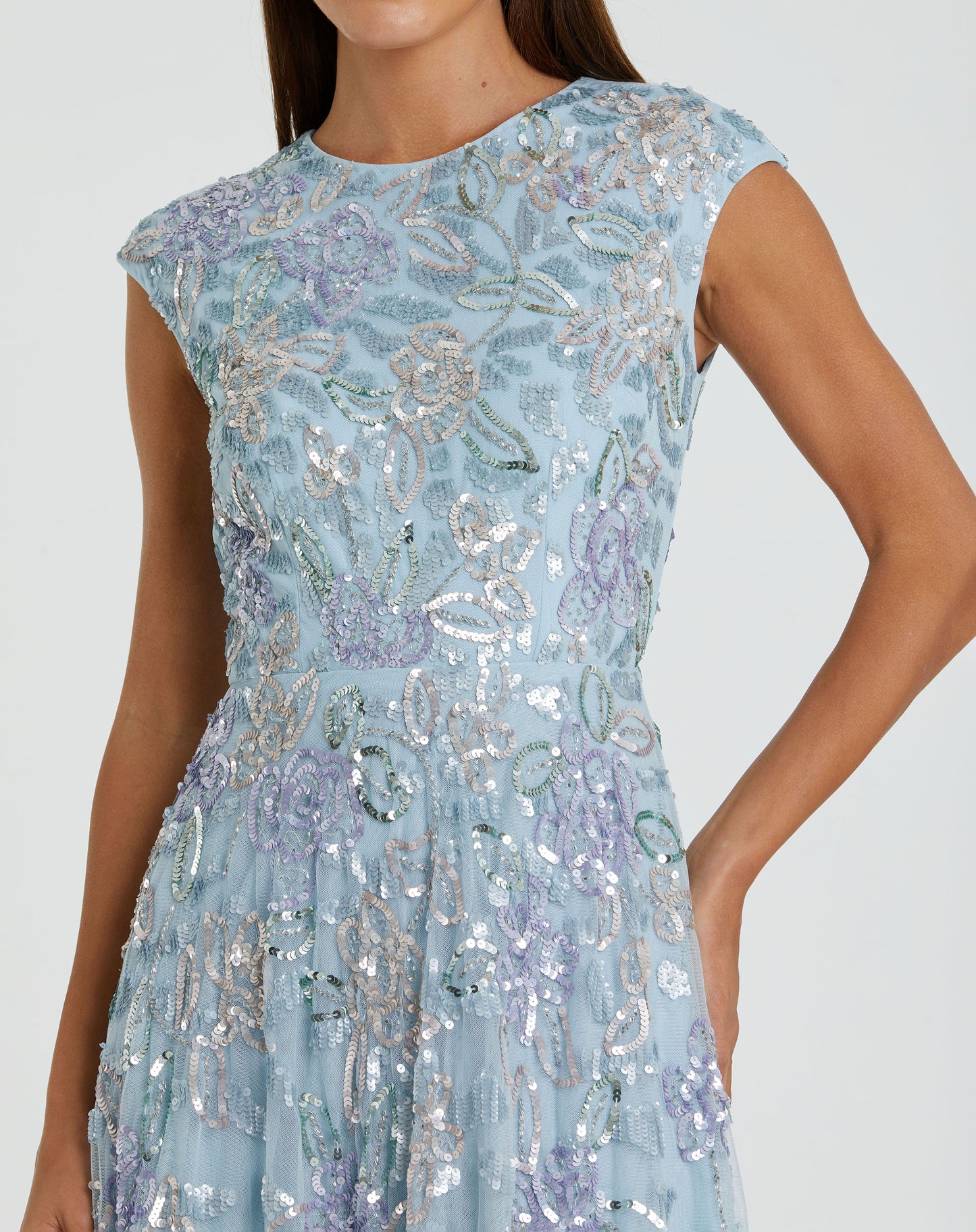 Blue Sequined High Neck Cap Sleeve A Line Gown