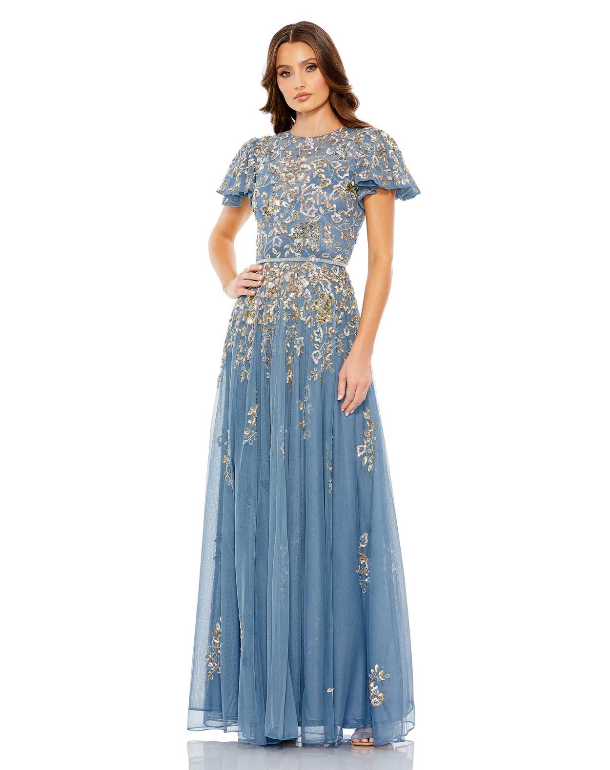 Embellished Butterfly Sleeve High Neck Gown Elegant Threads