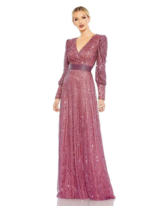 Mac Duggal Style#5720, Sequined Wrap Over Bishop Sleeve Gown, A line,beaded,Floor Length,long sleeve,Newest Arrivals,V-Neck, $850.00