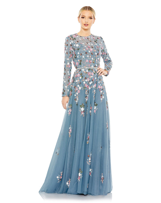 Sequined Floral Long Sleeve High Neck Gown
