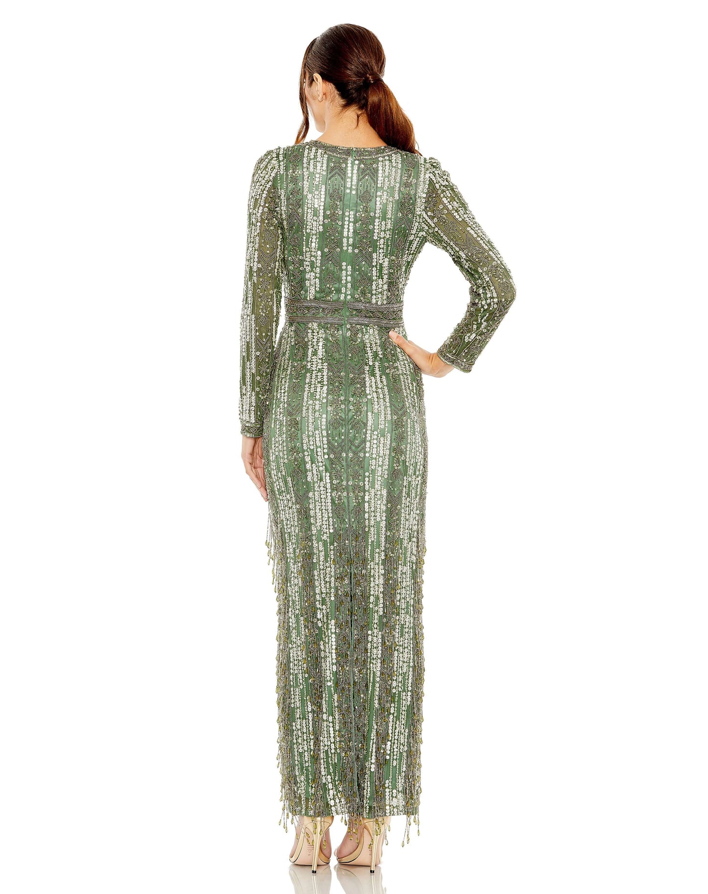 High Neck Long Sleeve Crystal Fringe Column Gown