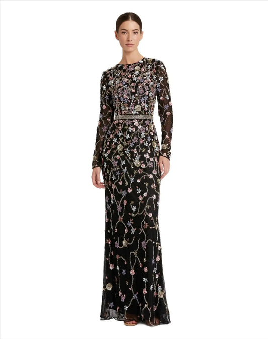 Mac Duggal Style#, Long Sleeve Embelllished Mesh Gown, Floor Length,Floral,long sleeve,Newest Arrivals,Sequin,Sheath, $975.00