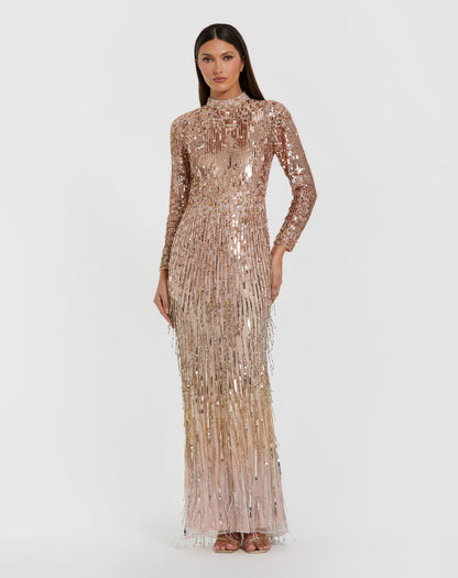 Long Sleeve Fringe Embellished Column Gown