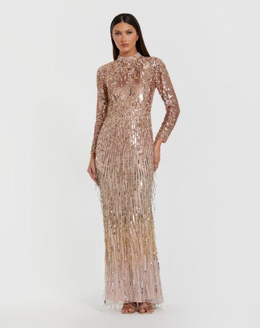 Long Sleeve Fringe Embellished Column Gown