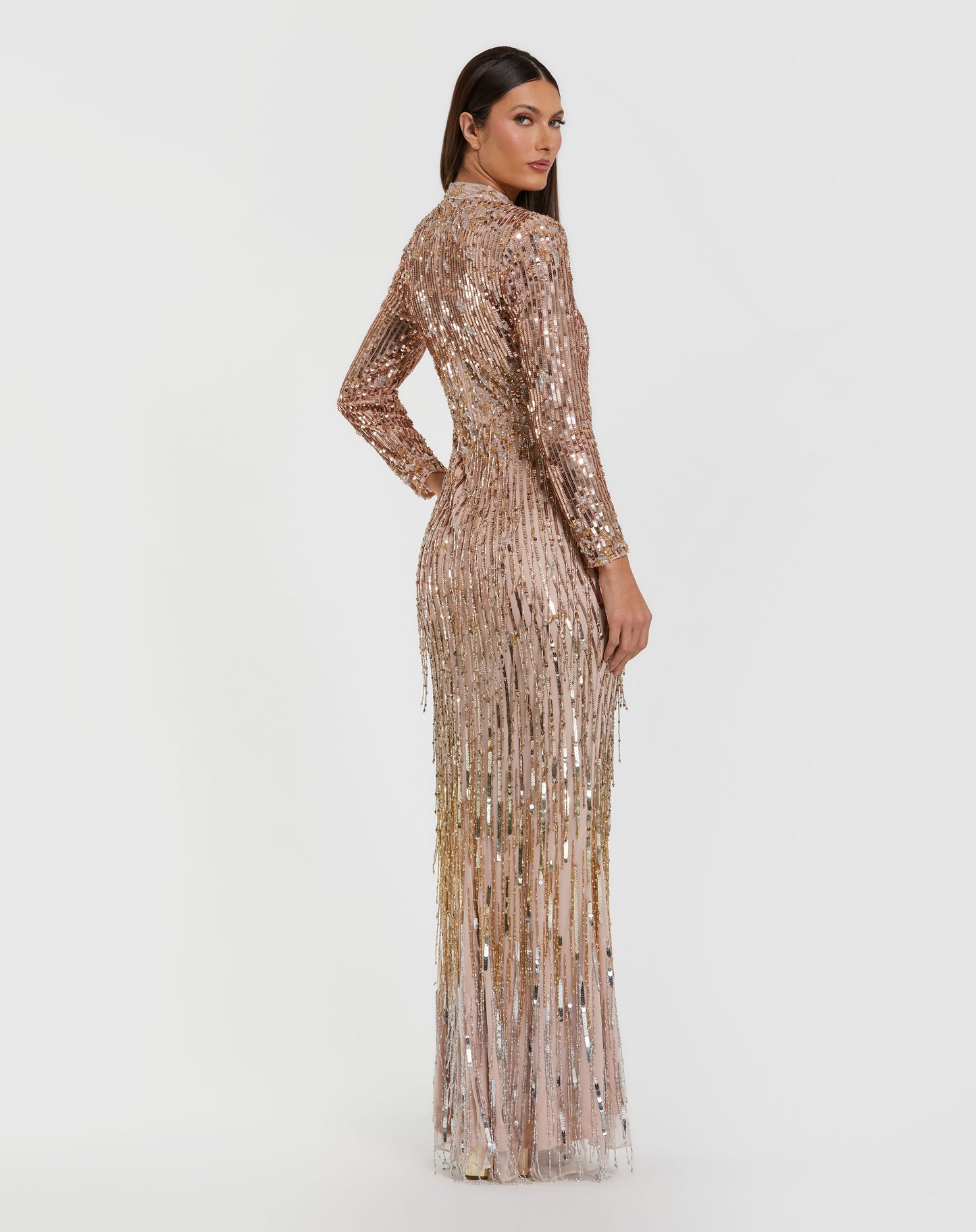 Long Sleeve Fringe Embellished Column Gown