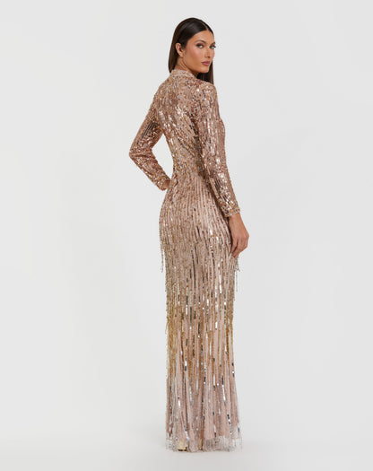 Long Sleeve Fringe Embellished Column Gown