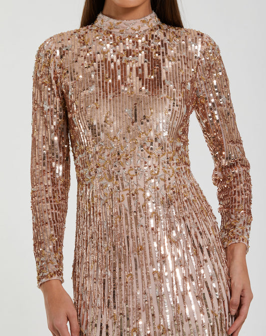 Long Sleeve Fringe Embellished Column Gown