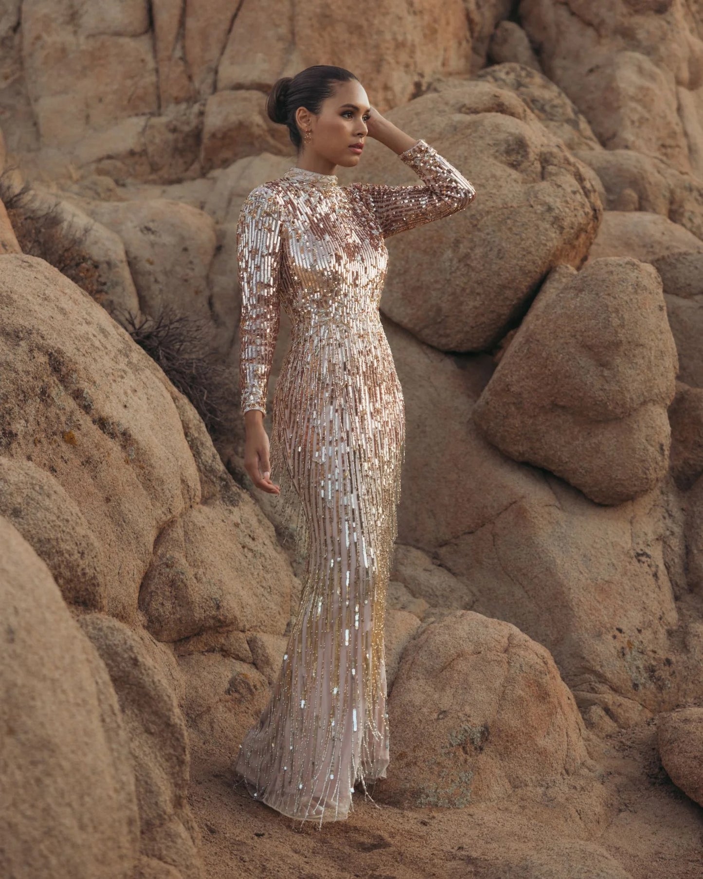 Long Sleeve Fringe Embellished Column Gown