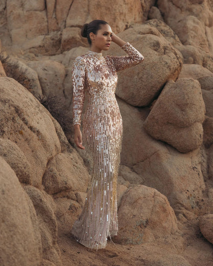 Long Sleeve Fringe Embellished Column Gown