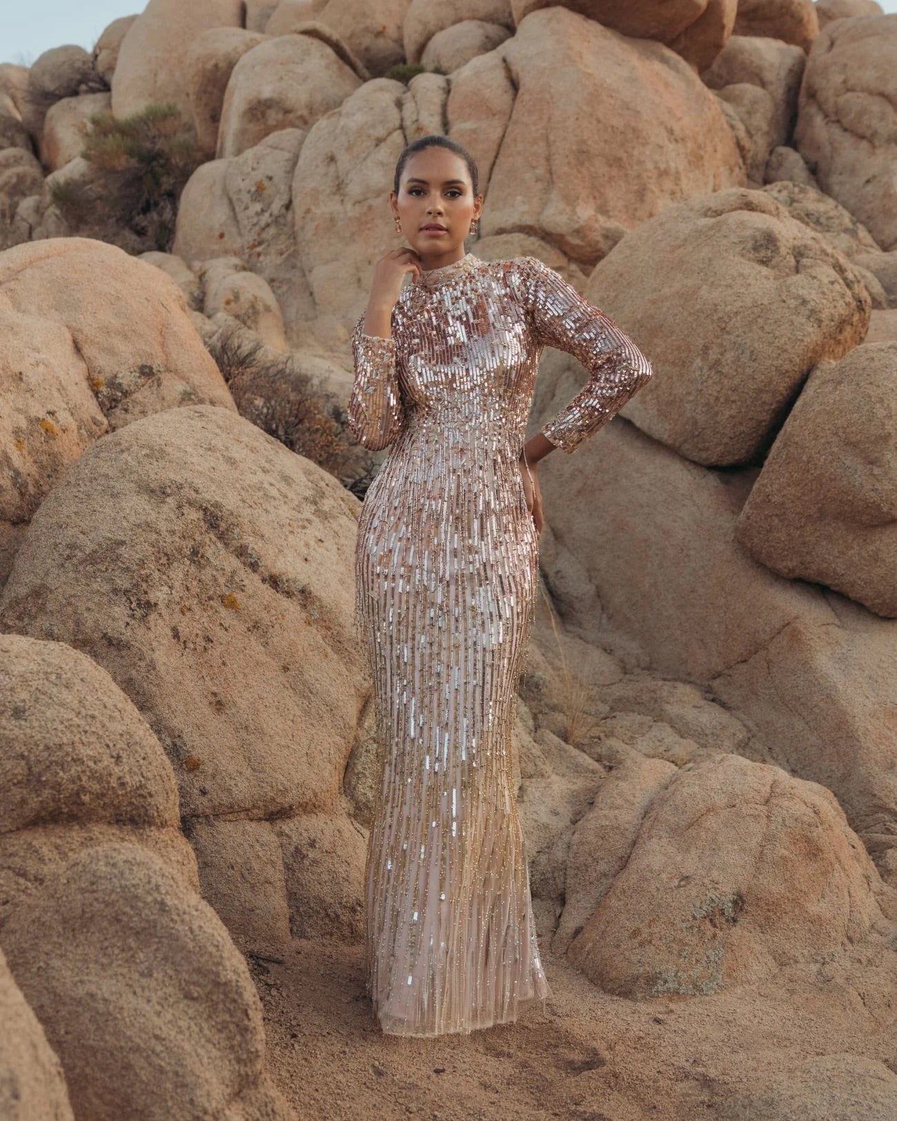 Long Sleeve Fringe Embellished Column Gown
