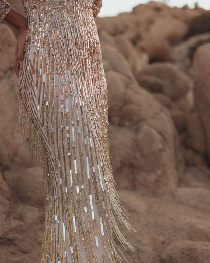 Long Sleeve Fringe Embellished Column Gown