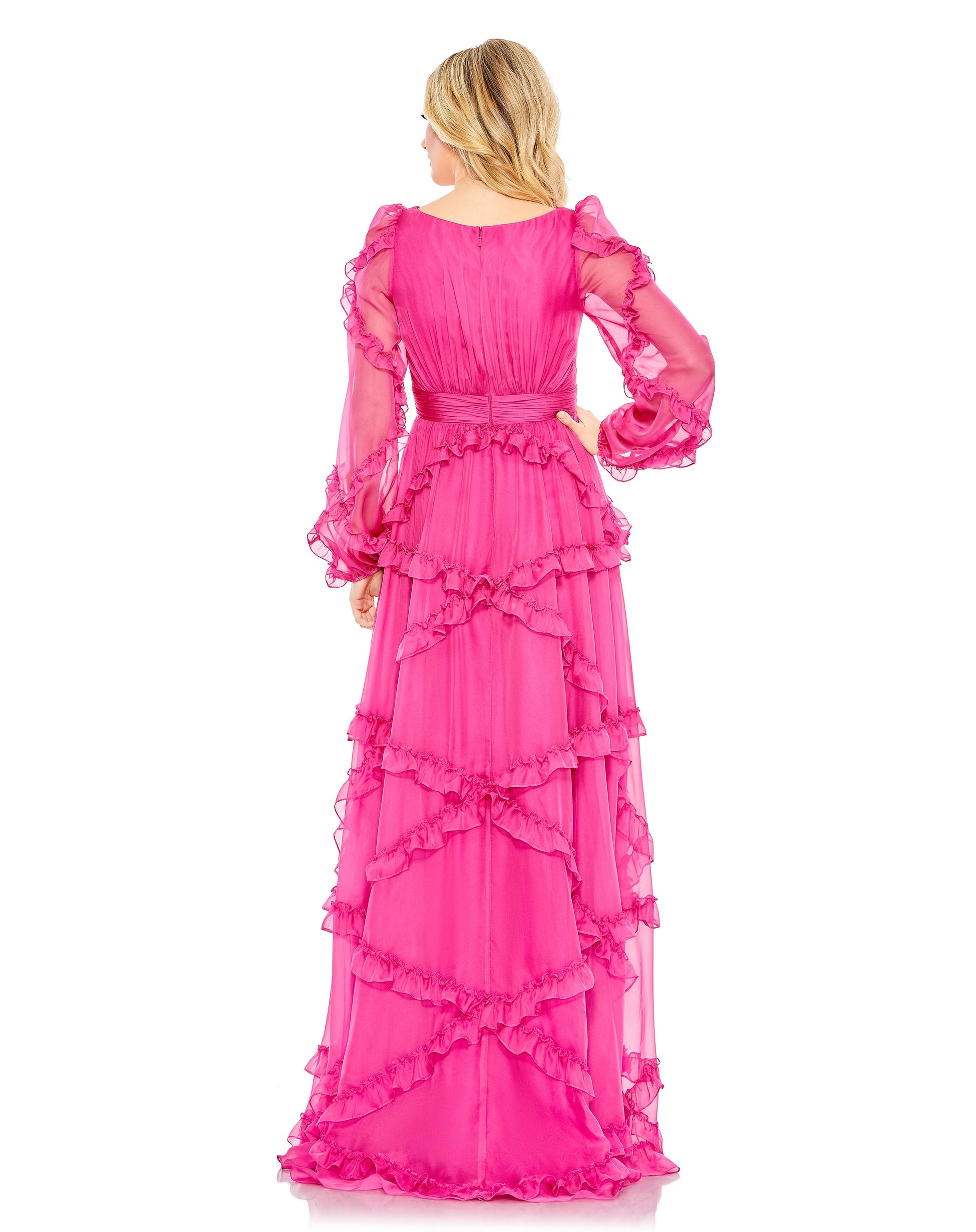 Mac Duggal Organza fabric (100% polyester) Fully lined through bodice and skirt; sheer unlined sleeves V-neckline Long puff sleeves Cascading ruffle detailing Concealed back zipper Approx. 62.5" from top of shoulder to bottom hem Available in Fuchsia (pin
