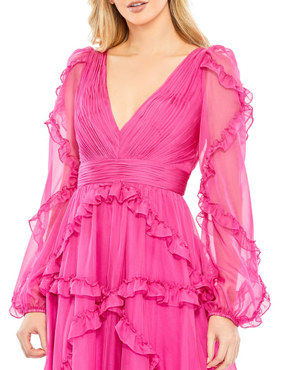 Mac Duggal Organza fabric (100% polyester) Fully lined through bodice and skirt; sheer unlined sleeves V-neckline Long puff sleeves Cascading ruffle detailing Concealed back zipper Approx. 62.5" from top of shoulder to bottom hem Available in Fuchsia (pin