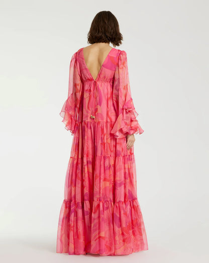 Hibiscus Printed Chiffon Ruffle Long Sleeve V Neck Maxi Dress