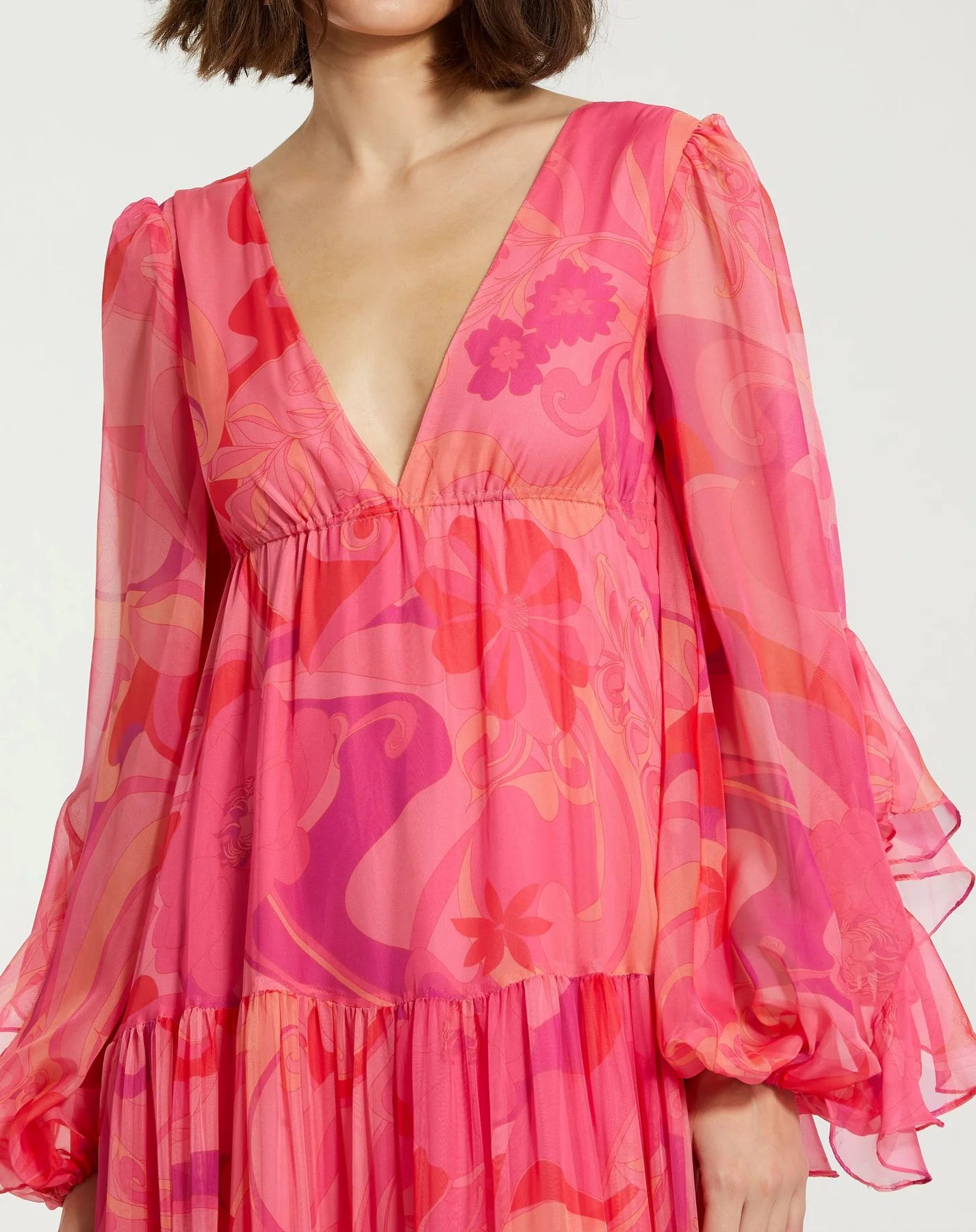 Hibiscus Printed Chiffon Ruffle Long Sleeve V Neck Maxi Dress