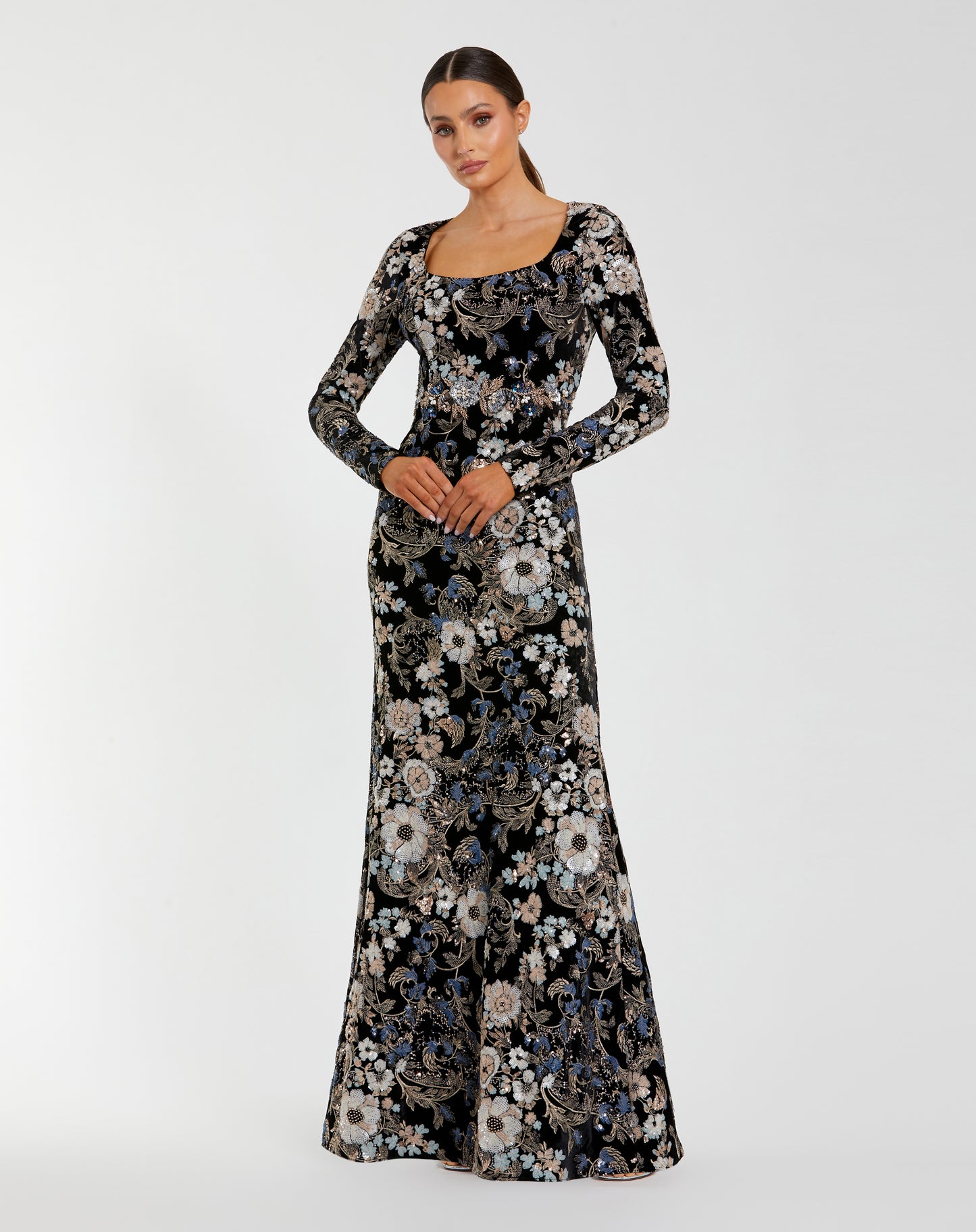 Floral Embroidered Velvet Evening Gown