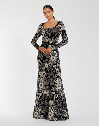 Floral Embroidered Velvet Evening Gown
