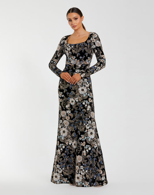 Floral Embroidered Velvet Evening Gown