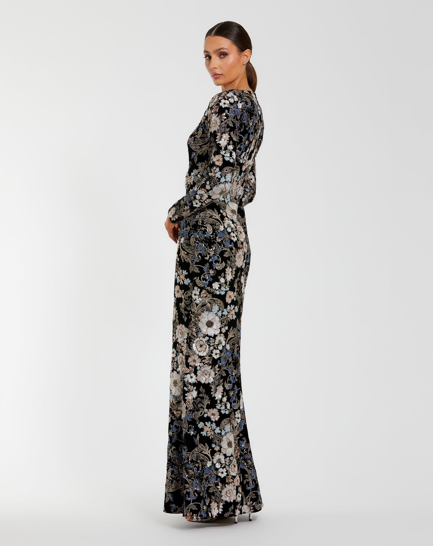 Floral Embroidered Velvet Evening Gown