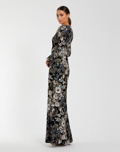 Floral Embroidered Velvet Evening Gown
