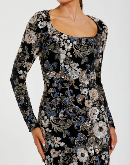 Floral Embroidered Velvet Evening Gown