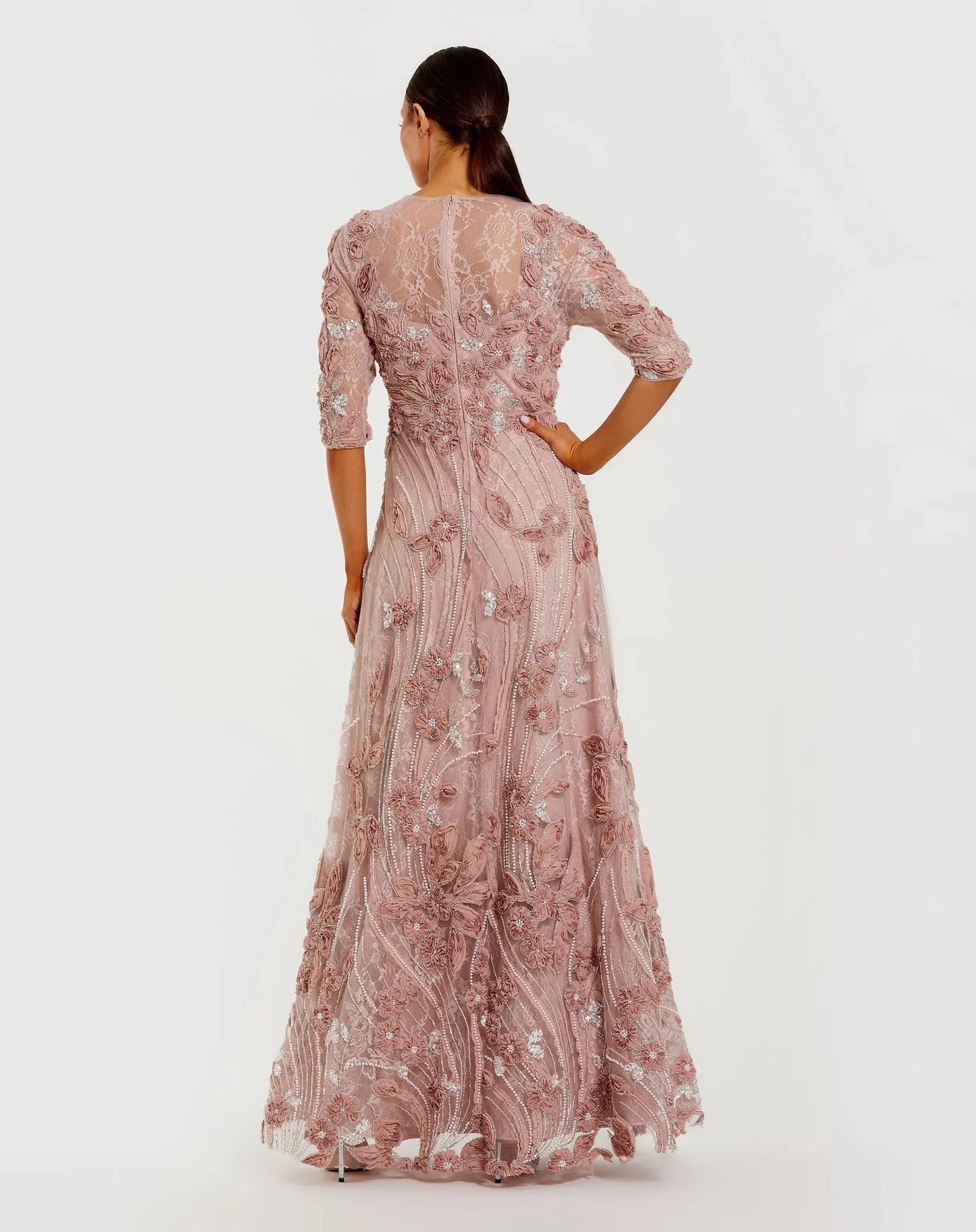 Navy High Neck Embellished Lace Gown with 3/4 Sleeves