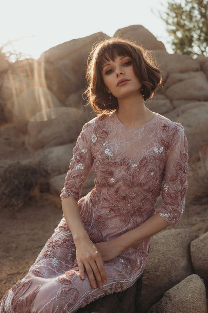 Navy High Neck Embellished Lace Gown with 3/4 Sleeves