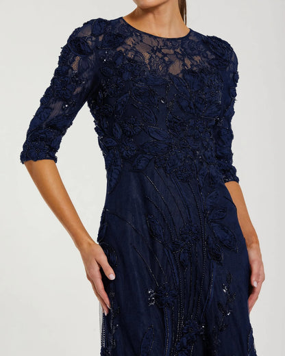Navy High Neck Embellished Lace Gown with 3/4 Sleeves