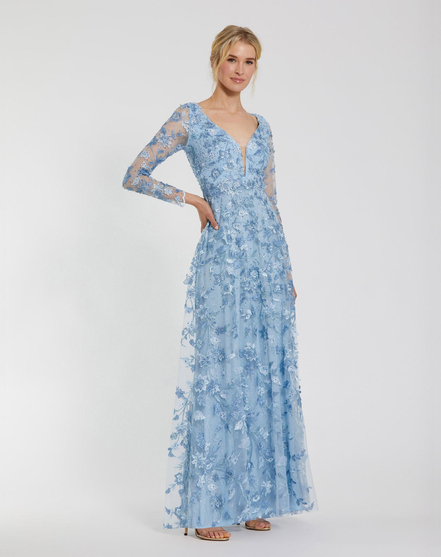 Floral Applique Long Sleeve Illusion Gown