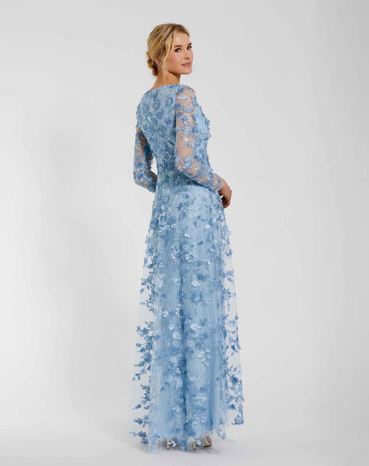 Floral Applique Long Sleeve Illusion Gown