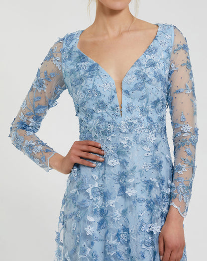 Floral Applique Long Sleeve Illusion Gown