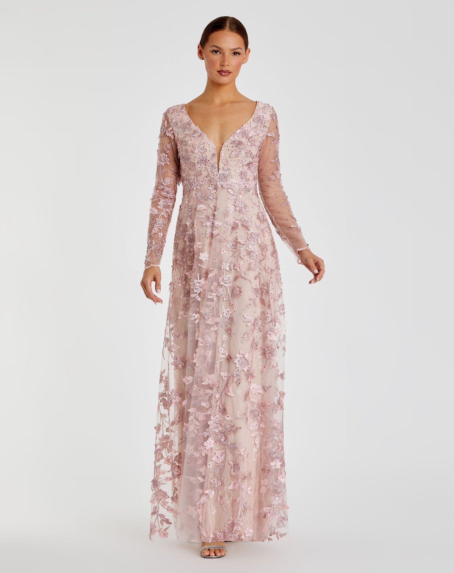 Floral Applique Long Sleeve Illusion Gown