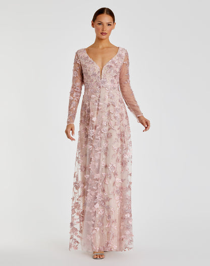 Floral Applique Long Sleeve Illusion Gown