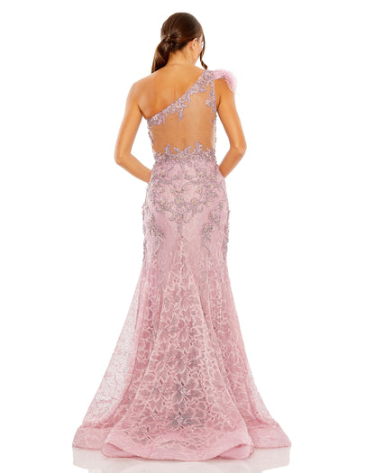 Embroidered Applique Feathered One Shoulder Gown