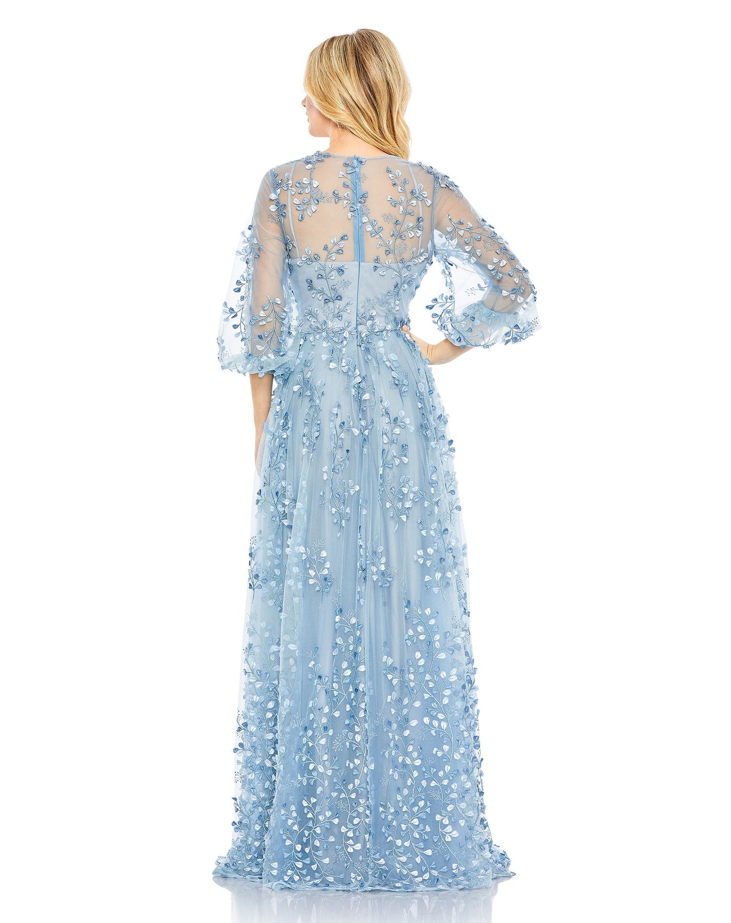Embroidered Puff Sleeve A-Line Gown