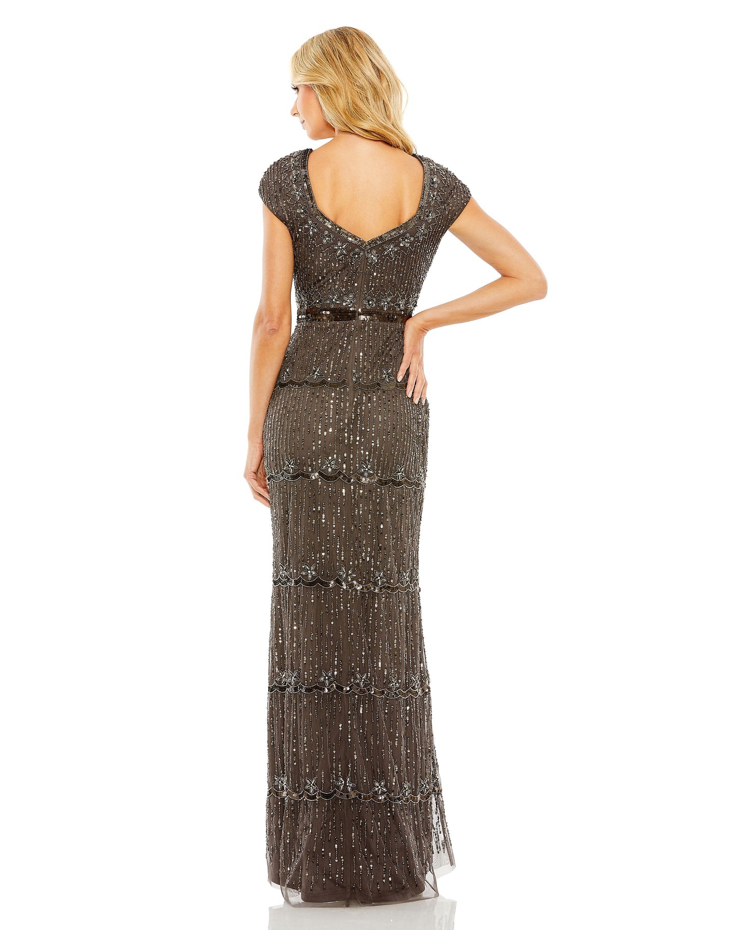 Cap Sleeve Sweetheart Neckline Beaded Sequin Column Gown