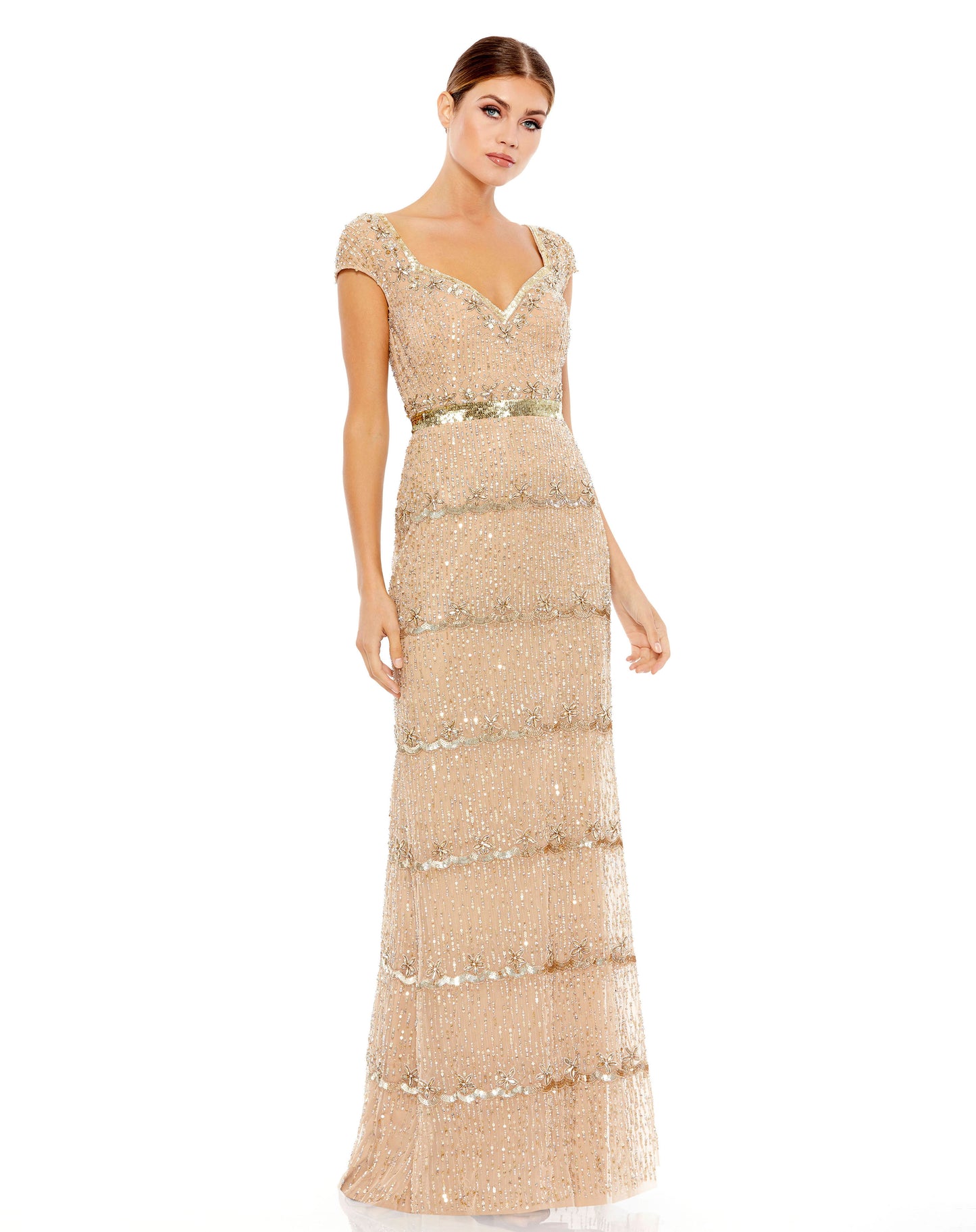 Cap Sleeve Sweetheart Neckline Beaded Sequin Column Gown