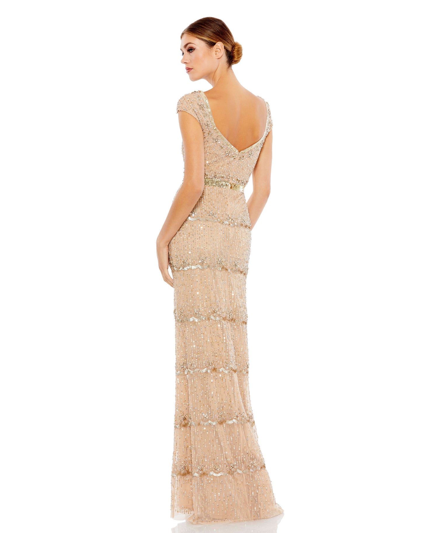 Cap Sleeve Sweetheart Neckline Beaded Sequin Column Gown