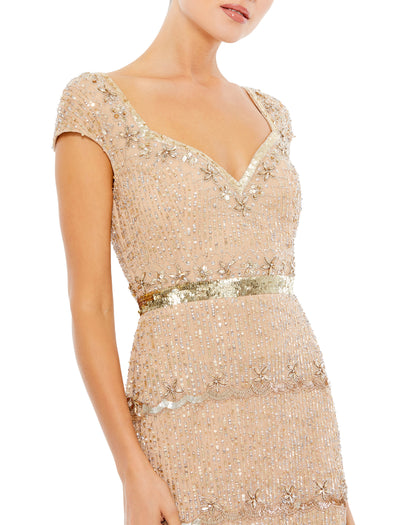 Cap Sleeve Sweetheart Neckline Beaded Sequin Column Gown