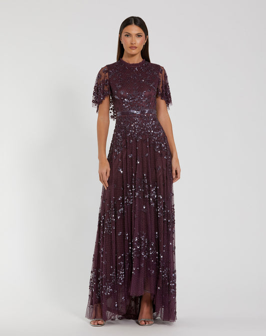 Sequined High Neck Flutter Sleeve A Line Gown