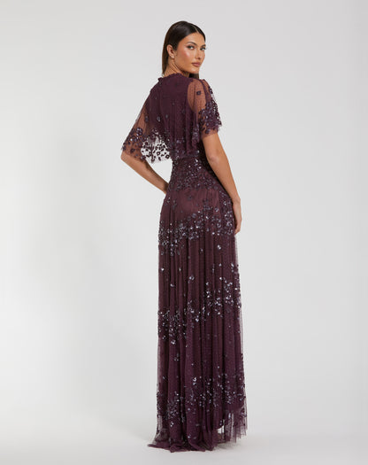 Sequined High Neck Flutter Sleeve A Line Gown