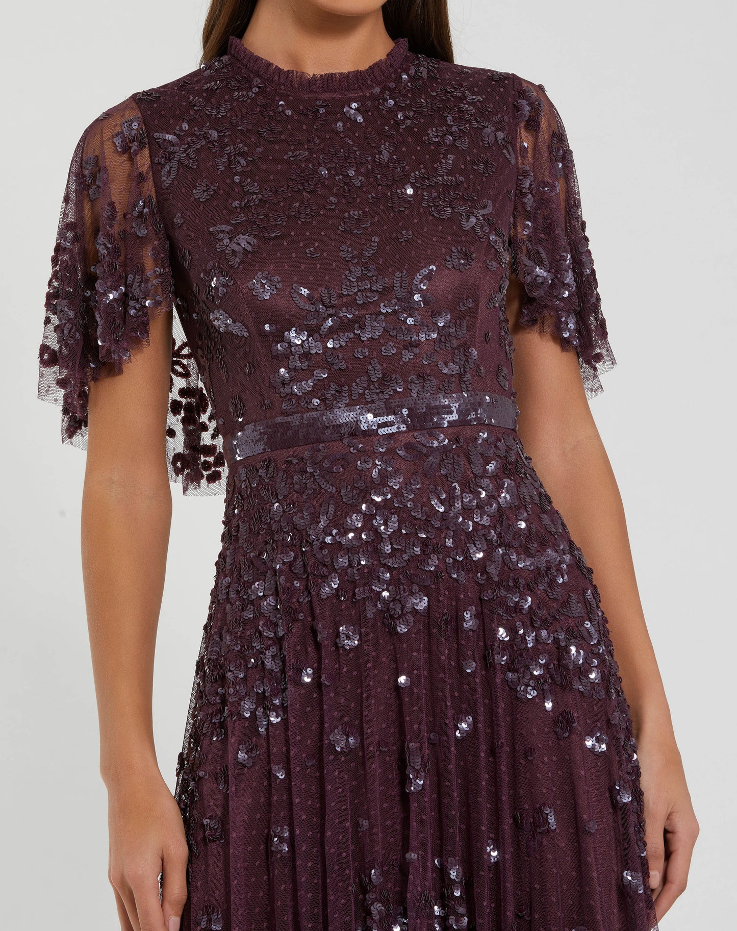 Sequined High Neck Flutter Sleeve A Line Gown