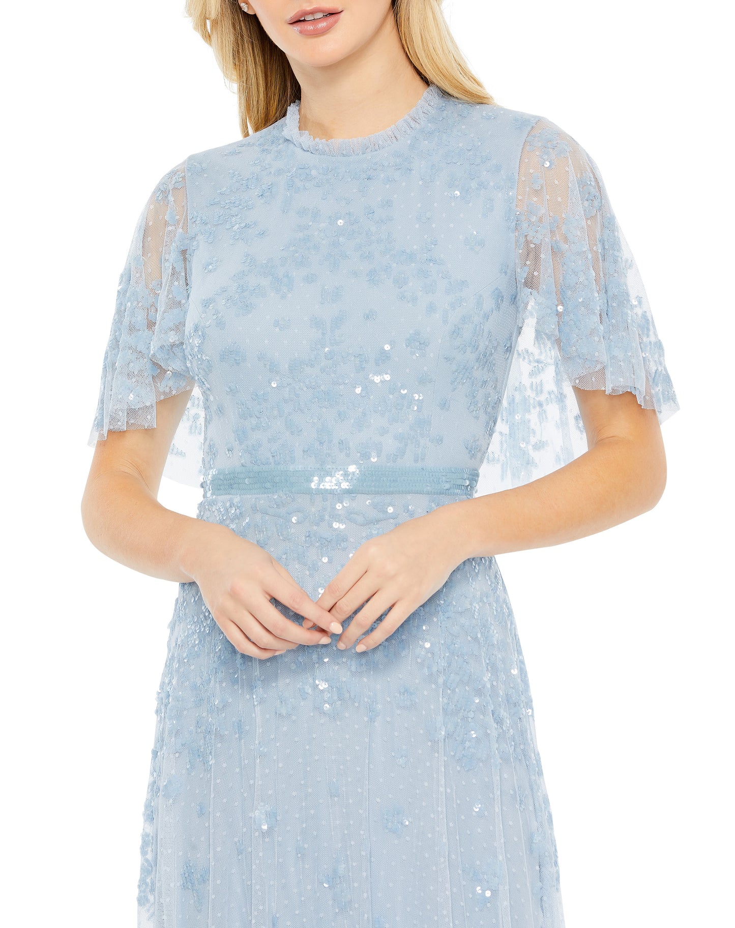 Sequined High Neck Flutter Sleeve A Line Gown