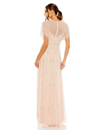 V Neck Embellished Flutter Sleeve A Line Gown